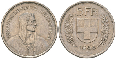 Швейцария 5 франков 1968 В, первый год KM 40а.1 медно-никель 4607-114