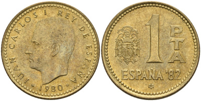 Испания 1 песета 1980 (80) Чемпионат мира по футболу 1982 года в Испании, Хуан Карлос I (1975 - 2014) KM 816 алюминиевая бронза 4605-755