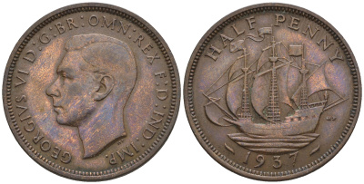 Великобритания 1/2 пенни 1937 Георг VI (1936-1952) KM 844, Spink 4115 бронза 4610-654