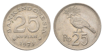 Индонезия 25 рупий 1971 венценосный голубь KM 34 медно-никель UNC 4701-1268