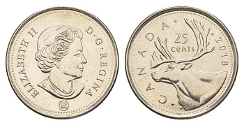 Канада 25 центов 2018 Leaf, Елизавета II (1952-2022), олень KM 493 сталь плакированная никелем UNC 4637-851
