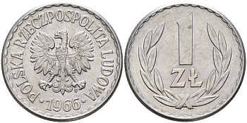 Польша 1 злотый 1966 MW KM 49.1 алюминий    4161-151