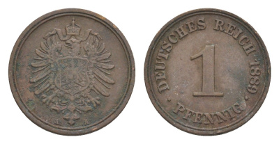 Германия 1 пфенниг 1889 A, Вильгельм II (1888-1918) KM 1, J. 1 медь 4639-1065