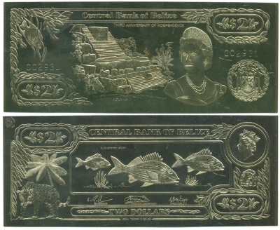 Белиз 2 доллара 1984 серия для коллекционеров, рыбы голубые золото, бумага UNC (пресс) 000-00-00