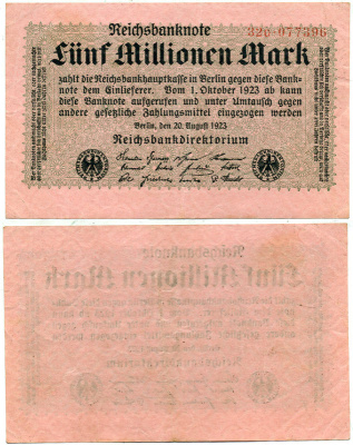 ГЕРМАНИЯ 5000000 МАРОК 1923 РОЗОВАЯ Pick 105 бумага 3295-57-1