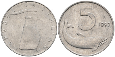 Италия 5 лир 1997 R, дельфин KM 92 алюминий  UNC  4594-638