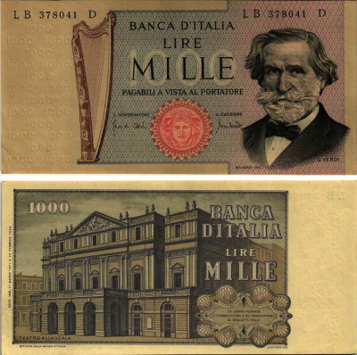 Италия 1000 лир 1971 Джузеппе Верди, Милин Ла Скала Pick 101b бумага aUNC 7183-15-3-2