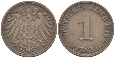 ГЕРМАНИЯ 1 ПФЕННИГ 1910 А KM 10, J. 10, Weege 2 медь 4551-131