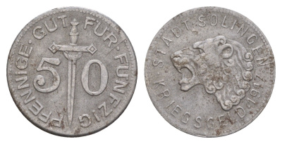 Золинген 50 пфеннигов 1917 Funck 508.2, Men05 23636.2, Men18 29571.2 железо 4657-1115