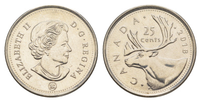 Канада 25 центов 2018 Leaf, Елизавета II (1952-2022), олень KM 493 сталь плакированная никелем UNC 4637-851