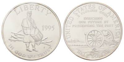США 1/2 доллара 1995 Сражения гражданской войны, в оригинальной упаковке, с сертификатом KM 254 медь плакированная медно-никель BU 8-2-05-27