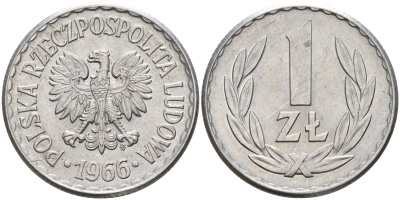 Польша 1 злотый 1966 MW KM 49.1 алюминий    4161-151