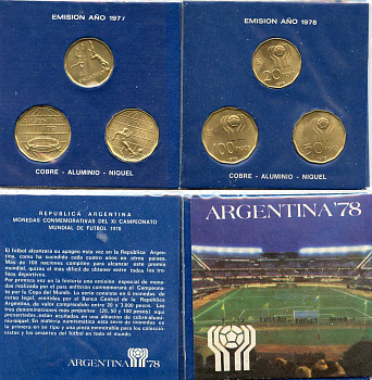 Аргентина набор из 6 монет 1978 Чемпионат мира по футболу 1978 года, в оригинальном блистере KM 75, 76, 77 алюминиевая бронза   UNC  00-00