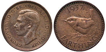 Великобритания 1 фартинг 1937 Георг VI (1936-1952) KM 843, Spink 4116 бронза 4122-557