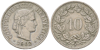 Швейцария 10 раппенов 1902 B KM 27 медно-никель 4164-711