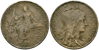 Франция 5 сантимов 1916 звезда - отметка монетного двора Мадрид KM 842 бронза 4167-742