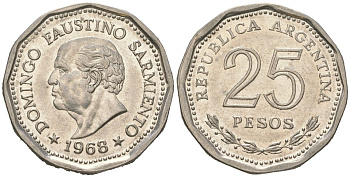 Аргентина 25 песо 1968 80 лет со дня смерти Доминго Фаустино Сармиенто KM 63 сталь плакированная никелем 4121-1157