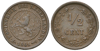 Нидерланды 1/2 цента 1901 Вильгельмина (1890-1948) KM 109 бронза 4174-854