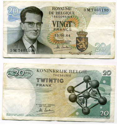 Бельгия 20 франков 1964 Бодуэн I, атомиум, Esselens Pick 138 (2) бумага 7457-41-4-2