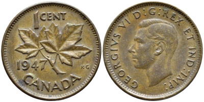 Канада 1 цент 1947 Георг VI (1937-1952), кленовый лист KM 32 бронза 4396-248