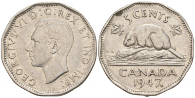 Канада 5 центов 1947 бобр Maple leaf, Георг VI (1936-1952) KM 39a никель 73-1251