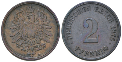 Германия 2 пфеннига 1875 Е, старогербовка KM 2, J.2 медь 4385-634