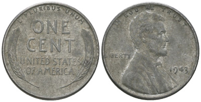 США 1 цент 1943 Авраам Линкольн KM 132 a сталь покрытая цинком 214-469