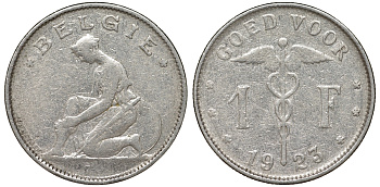 Бельгия 1 франк 1923 Belgie, Альберт I (1909-1934) KM 90 никель 51-1121