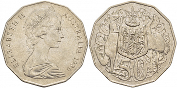 Австралия 50 центов 1980 Елизавета II (1952-2022), герб, кенгуру KM 68 медно-никель 29-113