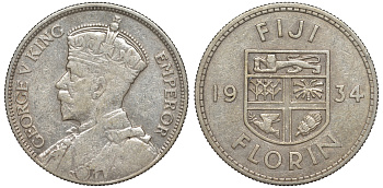 Фиджи 1 флорин 1934 Георг V (1910-1936), герб Фиджи KM 5 серебро    91-1125