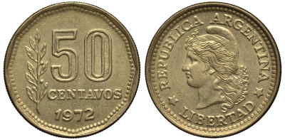 Аргентина 50 сентаво 1970 голова свободы влево KM 68 алюминиевая бронза 4182-146