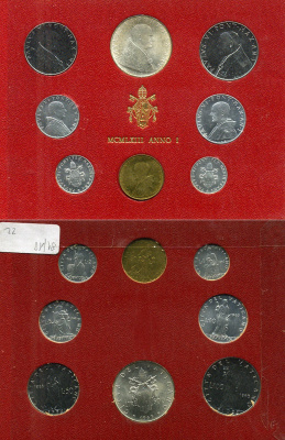 Ватикан набор из 8 монет 1963 1, 2, 5, 10, 20, 50, 100, 500 лир, в оригинальном буклете KM MS66 серебро UNC 8-1-01-10