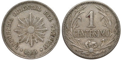 Уругвай 1 сентесимо 1924 KM 19 медно-никель 4169-632