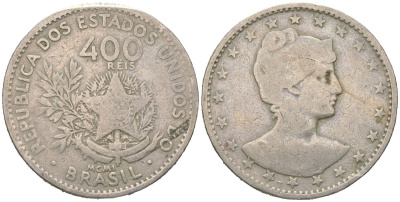 Бразилия 400 реалов 1901 MCMI, голова свободы вправо KM 505 медно-никель 4612-451