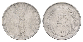 Турция 25 курушей 1963 KM 892.2 нержавеющая сталь 4648-657