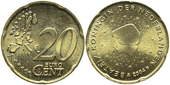 Нидерланды 20 евроцентов 2004 Беатрикс (1980-2013) KM 238 латунь UNC 08-1113