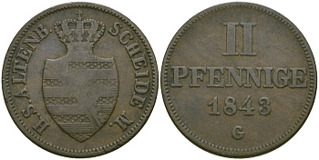 Саксен-Альтенбург 2 пфеннига 1843 G, Иосиф (герцог Саксен-Альтенбургский) (1834-1848) KM 4, AKS 55, J. 111 медь    99-633