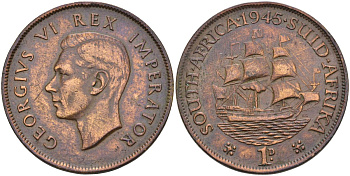 ЮАР 1 пенни 1945 Георг VI (1937-1952) KM 25 бронза 4368-521