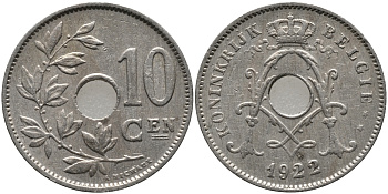 БЕЛЬГИЯ 10 САНТИМОВ 1922 BELGIE KM 86 медно-никель 4364-2725