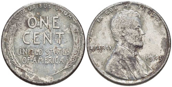 США 1 цент 1943 Авраам Линкольн KM 132а сталь плакированная цинком 3309-459