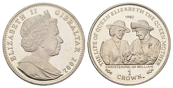Гибралтар 1 крона 2002 Жизнь Королевы-матери - Крещение Принца Уильяма KM 979 медно-никель BU 1524-2013