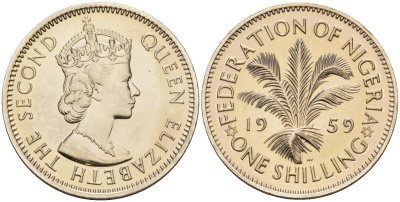 Нигерия 1 шиллинг 1959 Елизавета II (1952-), Британский протекторат KM 5 медно-никель PROOF 3711-245