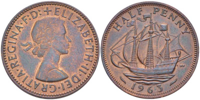 Великобритания 1/2 пенни 1963 Елизавета II (1952-2022) KM 896, Spink 4158 бронза 117-945