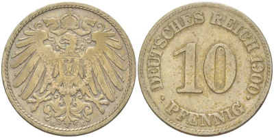 ГЕРМАНИЯ 10 ПФЕННИГОВ 1900 E KM 12, J. 13, Weege 8 медно-никель 261-1351