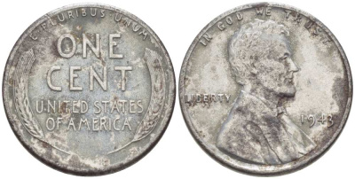 США 1 цент 1943 Авраам Линкольн KM 132а сталь плакированная цинком 3309-459