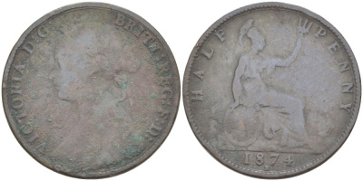 Великобритания 1/2 пенни 1874 Н, Виктория (1837-1901) KM 754, Spink 3957 бронза 4543-1154