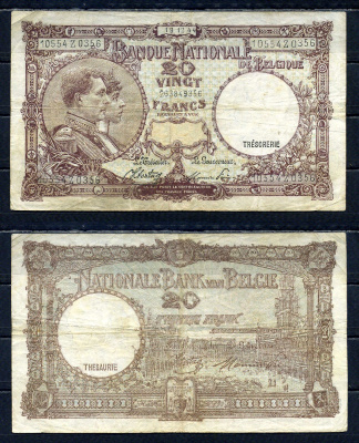 Бельгия 20 франков 1944 13.12.1944, Король Альберт I и его жена Королева Елизавета, Гран-Плас / Гроте Маркт, Брюссель Pick 111 (3) бумага 6301-10-1-1