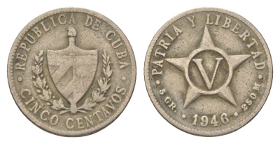 Куба 5 сентаво 1946 звезда, первая Республика (1902-1961) KM 11.3 медно-никель 4623-827