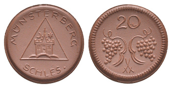 Мюнстерберг 20 пфеннигов ND (1921) Men05 18133.6, Men18 22686.6, Scheuch 197a фарфор 1094-9-61