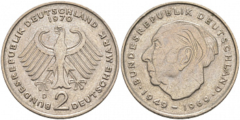 ФРГ 2 марки 1970 D, Теодор Хойс KM A127, J. 407 медно-никель плакированный никелем 69-1024